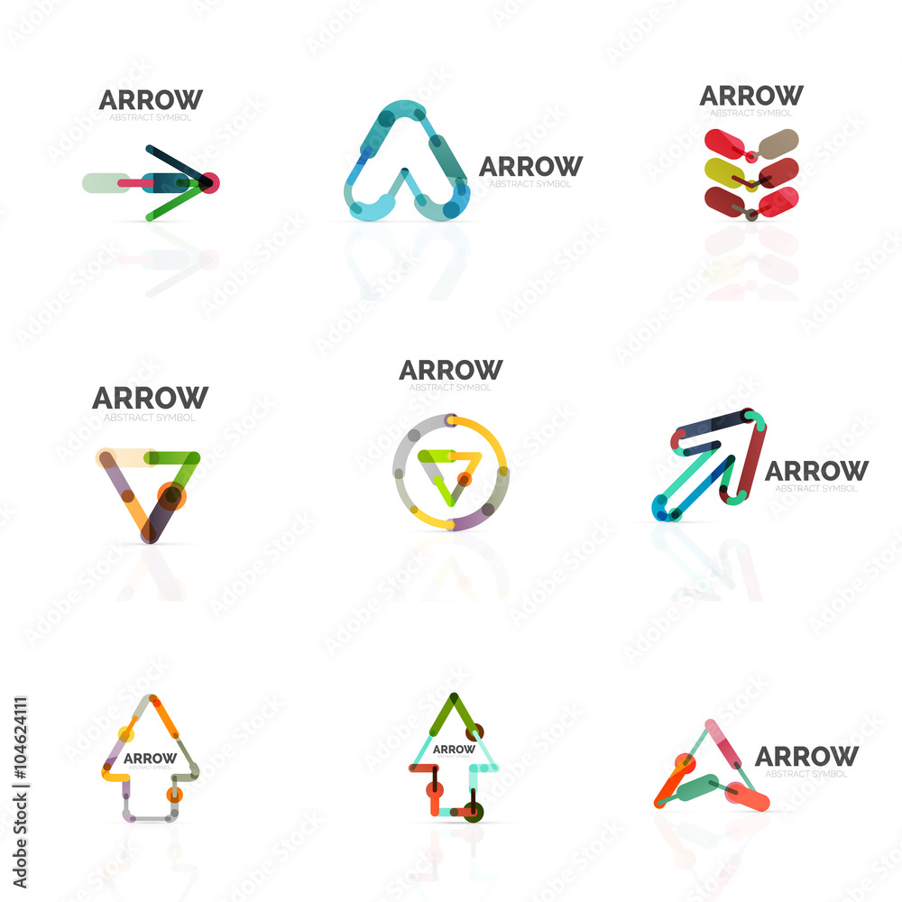 Set of linear arrow abstract logos, connected multicolored segments lines in directional pointer figures Set of linear arrow abstract logos, connected multicolored segments lines in directional pointer figures
