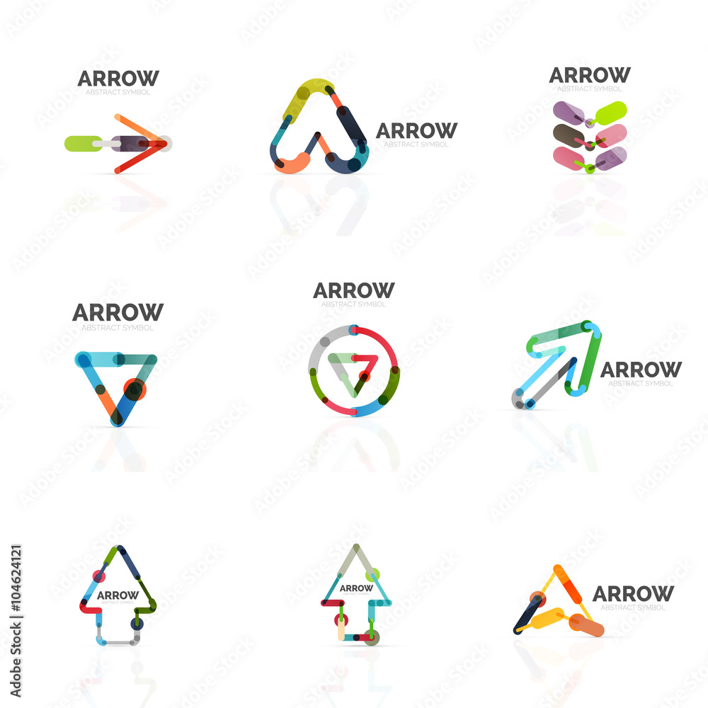 Set of linear arrow abstract logos, connected multicolored segments lines in directional pointer figures Set of linear arrow abstract logos, connected multicolored segments lines in directional pointer figures
