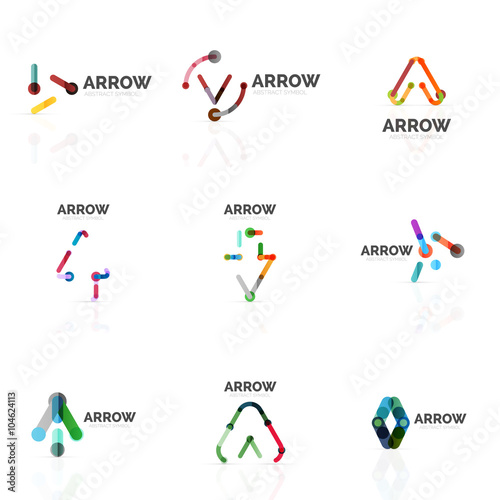 Set of linear arrow abstract logos, connected multicolored segments lines in directional pointer figures