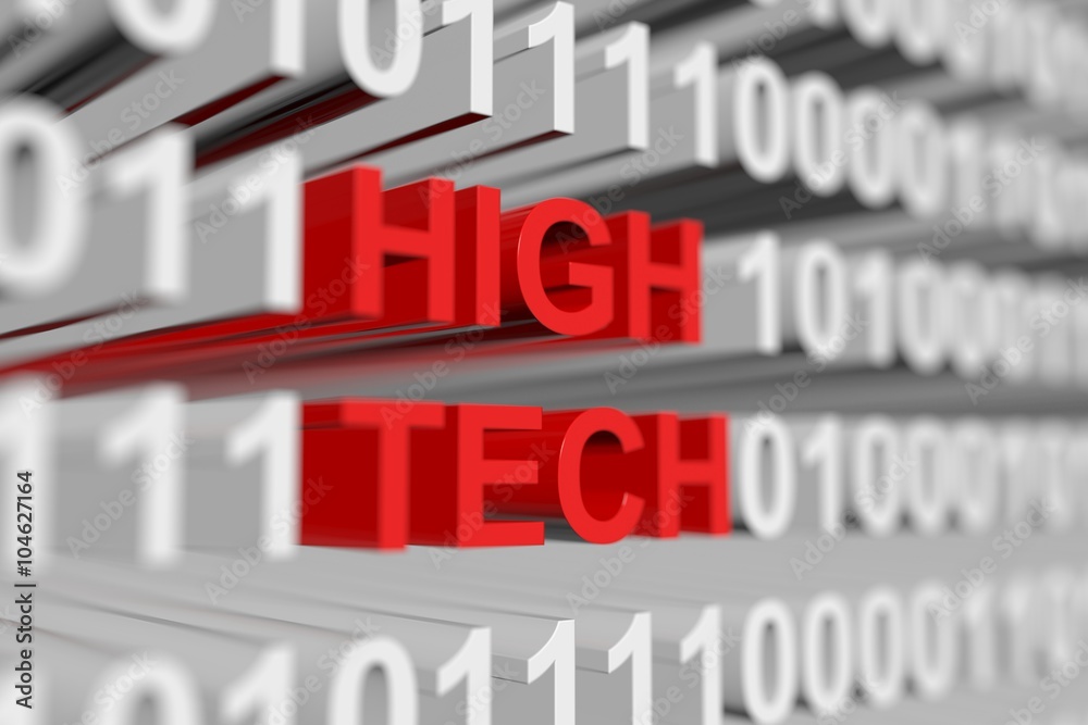 HIGH TECH is represented as a binary code with blurred background