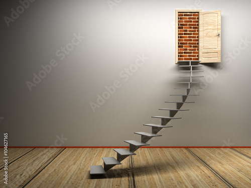 Slika na platnu 3d white room with opened door. Brick wall