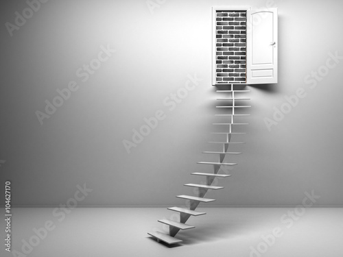 Fotografie 3d white room with opened door. Brick wall