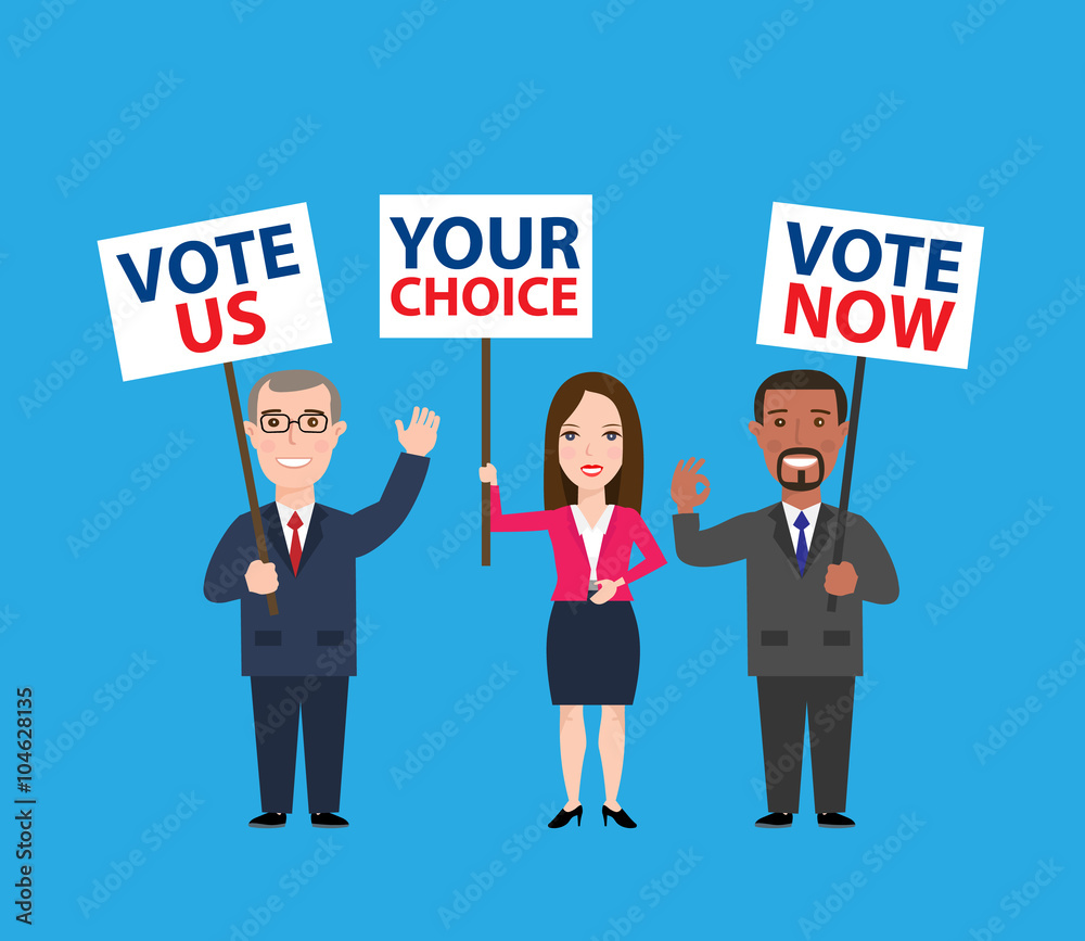 politicians candidates men woman with agitation signs election slogan.election campaign concept illustration politicians candidates men woman with agitation signs election slogan.election campaign concept illustration