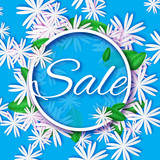 Abstract Blue White Spring Summer Sale colorful banner for business. Applique Card with origami flowers. Offers message. Trendy Design Template. Vector illustration.