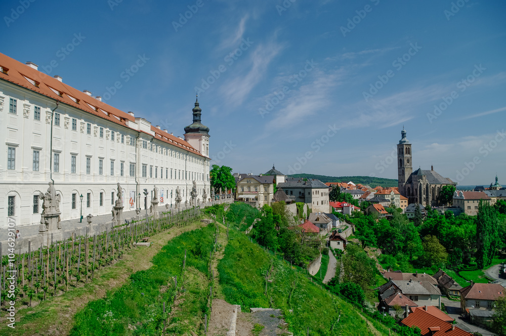 Panorama of Kutna Hora with St. Jakub church and Jezujit kolej. Czech Republic.