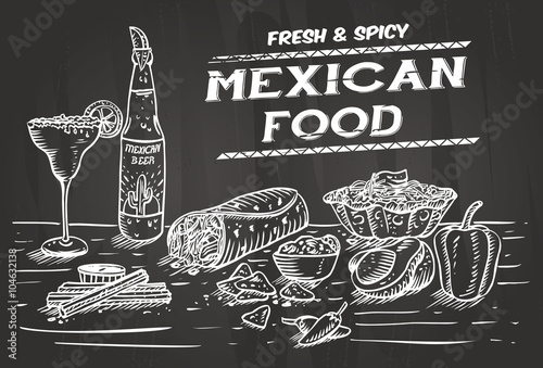 Hand drawn of Mexican food and drinks on a chalkboard