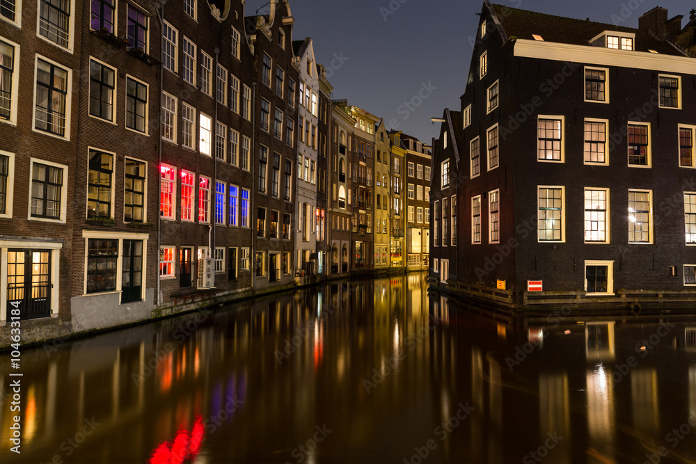 Buildings along the Canals in Amsterdam at Night