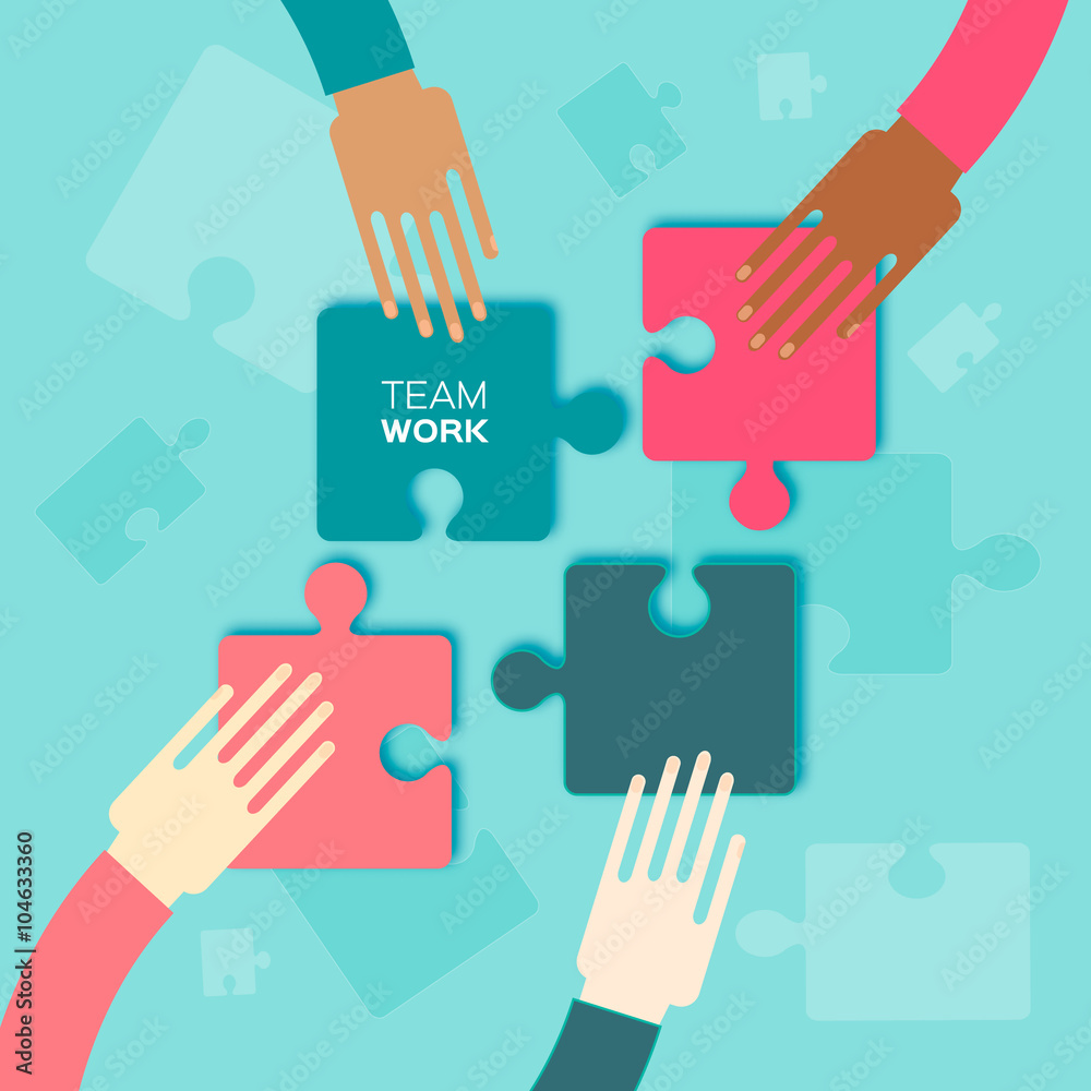 Obraz premium Four hands together team work. Hands putting puzzle pieces. Teamwork and bussiness concept. Hands of different colors, cultural and ethnic diversity. Vector illustration