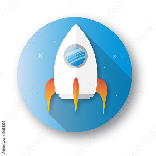 Start up rocket arrow symbol on blue background. Way to success, arrow up. Space ship to the moon. White launch  going up - success concept illustration