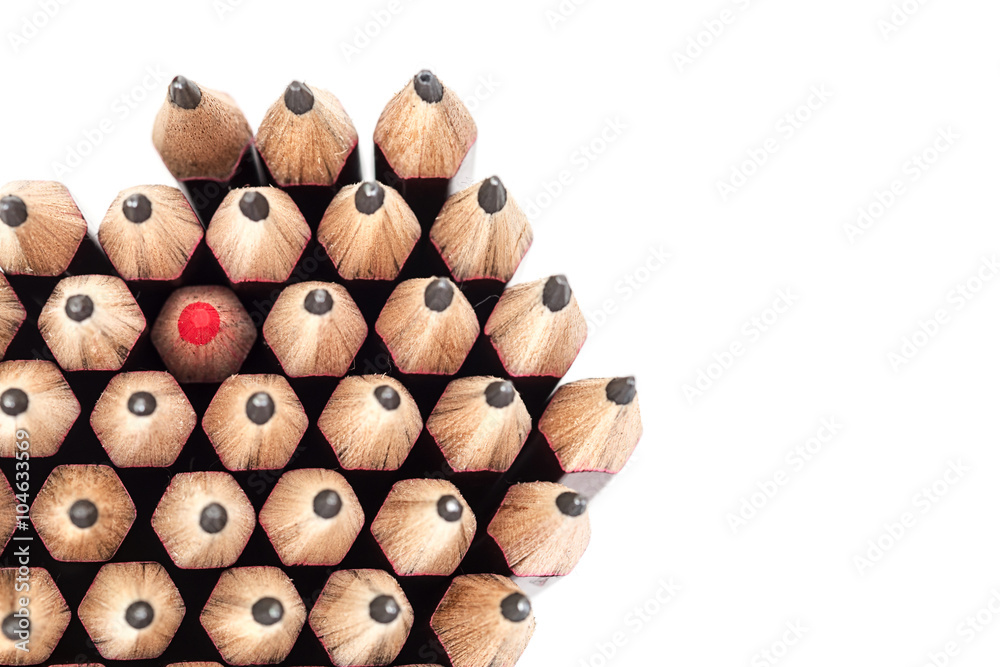 Red pencil standing out from crowd of black fellows on white bac Red pencil standing out from crowd of black fellows on white bac