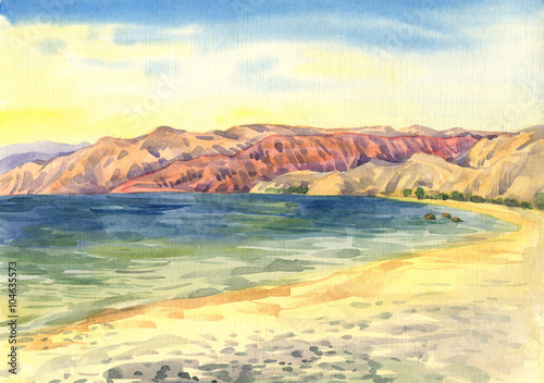 sea, beach, mountains. Landscape. Watercolor painting