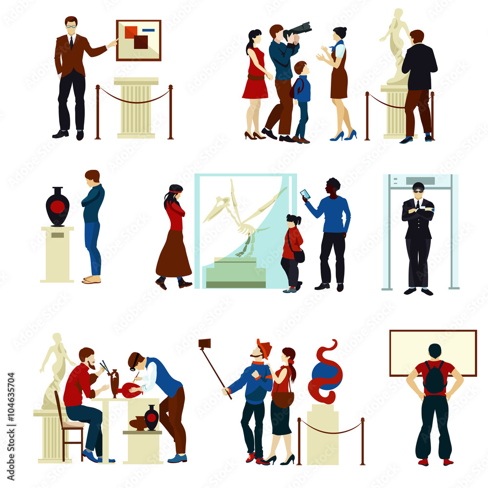 People In Museum Gallery Color Icons 