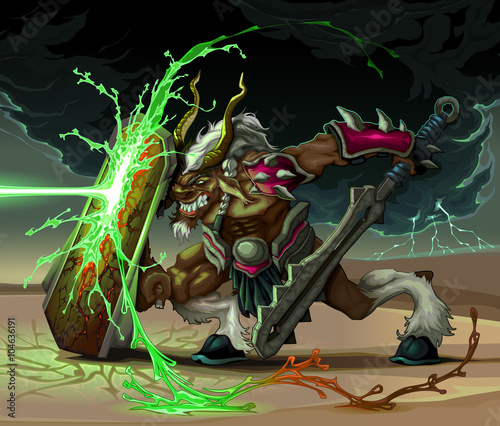 The beast is defending from lighting ball. Fantasy vector illustration