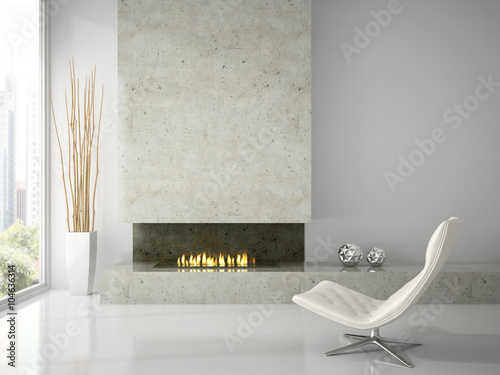 Fototapeta Naklejka Na Ścianę i Meble -  Interior of clean white room with fireplace 3D rendering