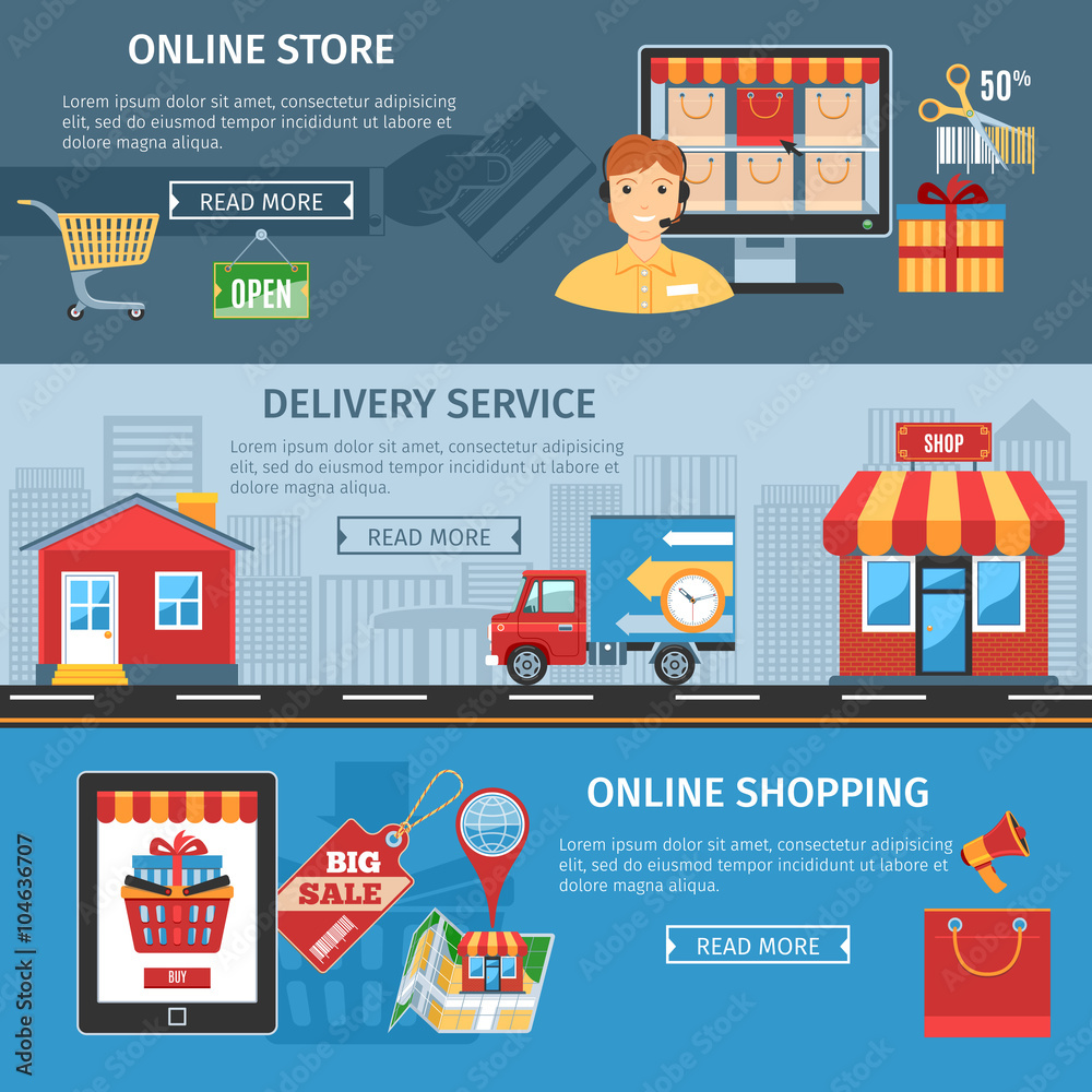 Online Shopping And Delivery Flat Banners Set Online Shopping And Delivery Flat Banners Set