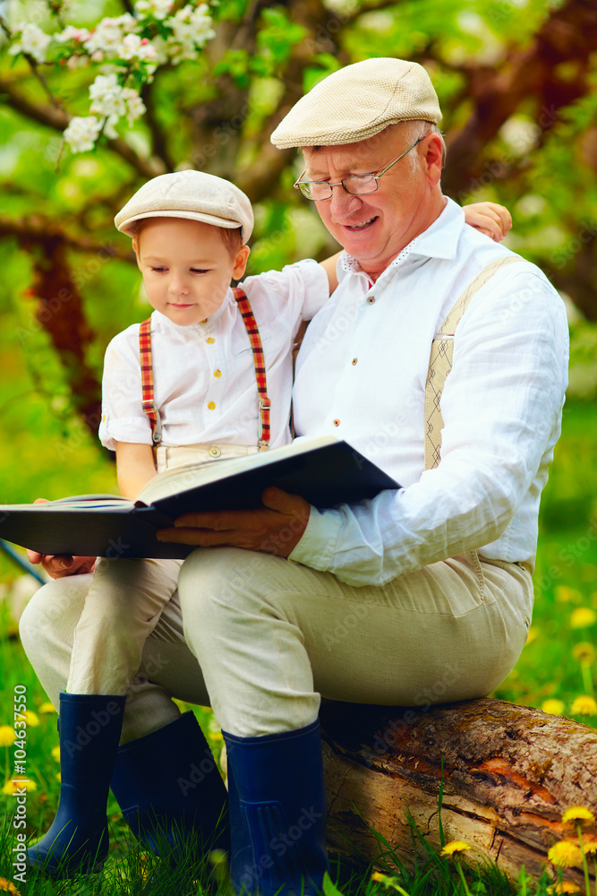 happy grandfather and grandson reading book at spring apple garden