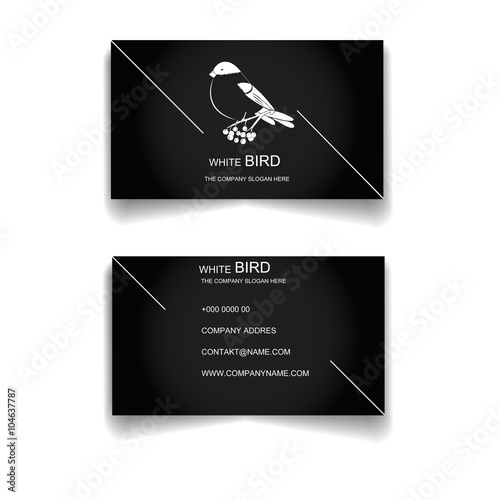 Black business card. White bird. Vector. 