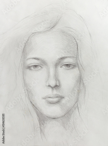Drawing portrait Young woman on old paper background.