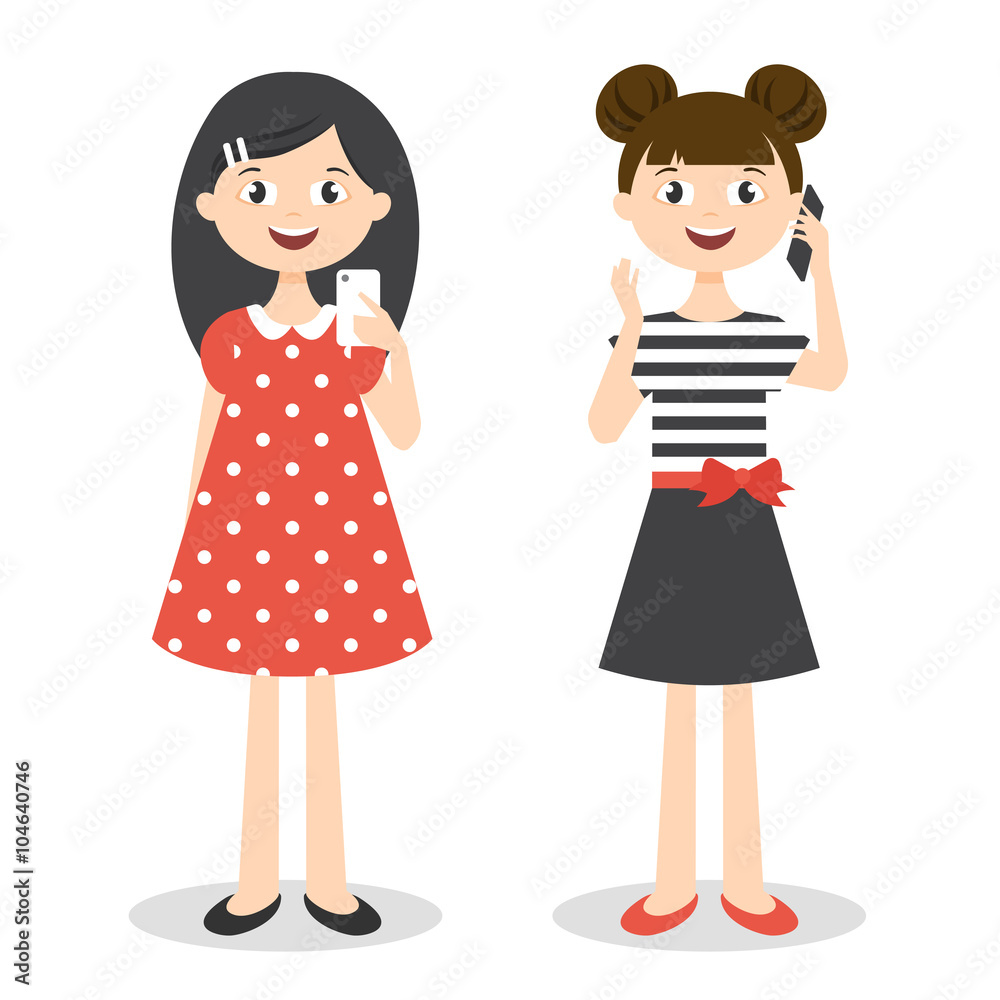 Vector illustration of two little cute girls with smartphones Vector illustration of two little cute girls with smartphones