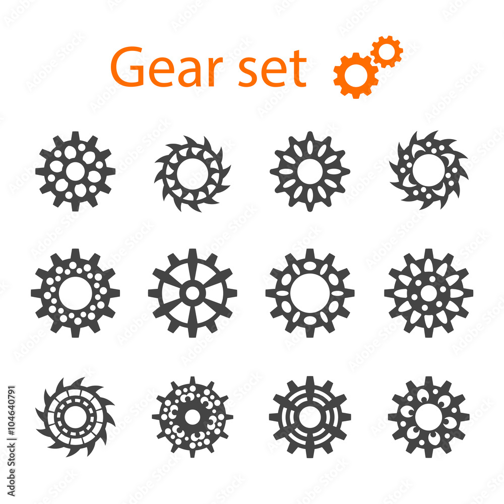 Set of vector machine gears or cogwheels. Gear wheels. Set of vector machine gears or cogwheels. Gear wheels.