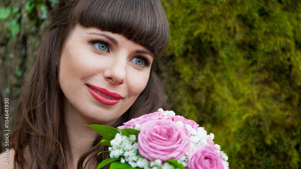 brunette bride autumn background with bouquet brunette bride autumn background with bouquet