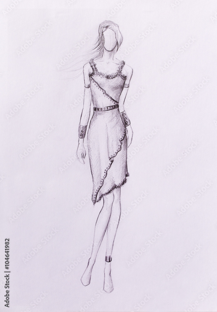 Fototapeta premium Standing figure woman, pencil sketch on paper.