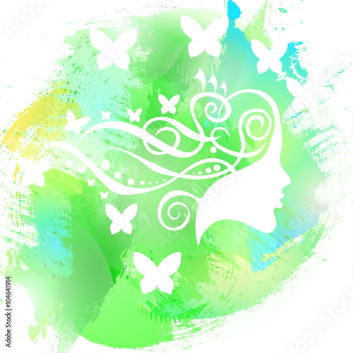 face and curly hair surrounded butterfly on abstract nature background