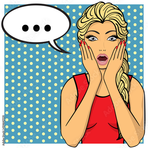 Young woman, lady shows amazement, shok. Comics style