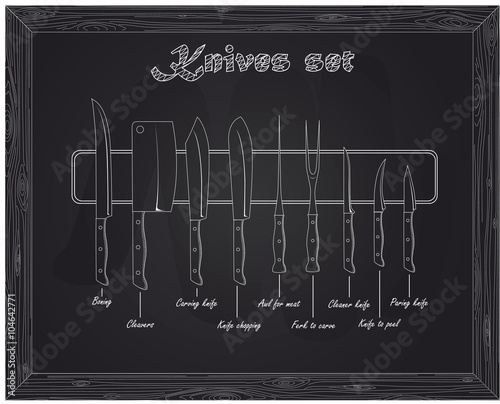 set of kitchen knives on a magnet