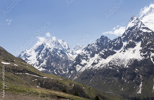 Mountain peaks and glaciers of Dombai.The North Caucasus.Russia.