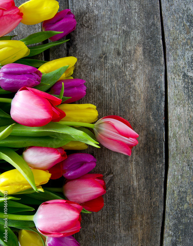 colorful tulips on wooden surface