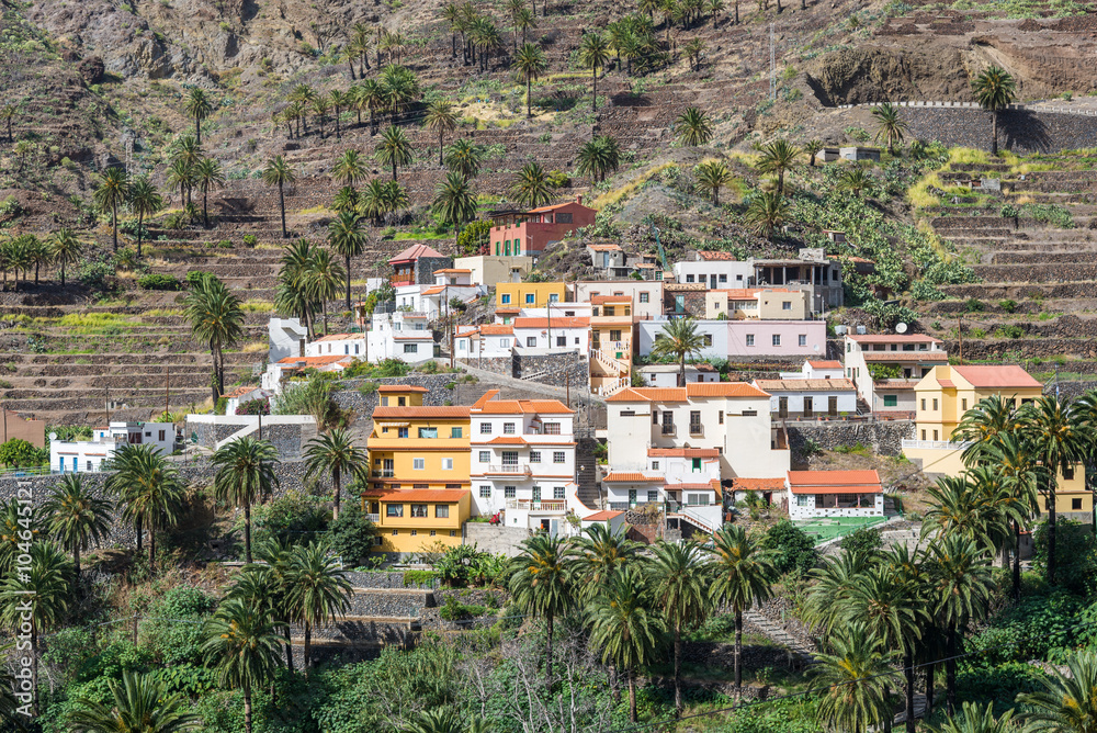 The small village Lomo del Moral on the mountainside of the Valle Gran Rey on La Gomera Agriculture on terraced fields are the typical landscape at the hillside. The valley is located on the west side