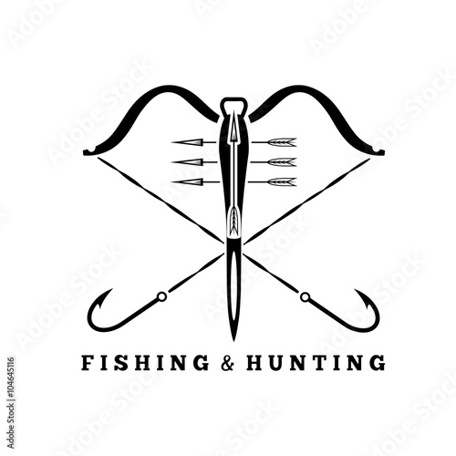 fishing and hunting concept with hooks and crossbow
