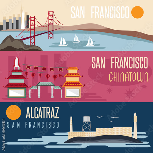 San Francisco landmarks horizontal flat design vector banners