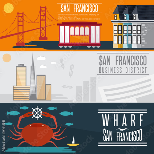 San Francisco landmarks horizontal flat design vector banners