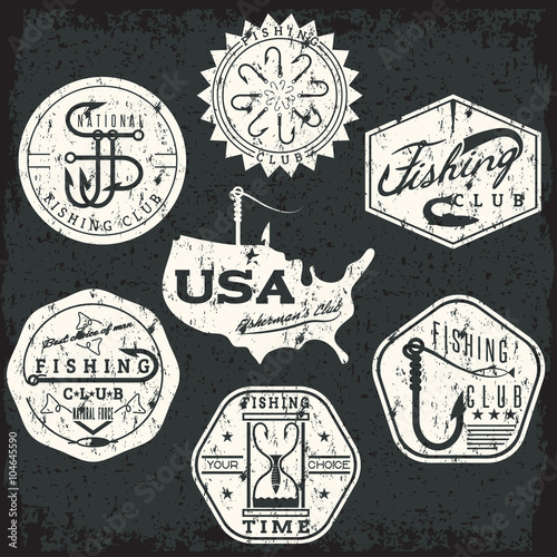 collection of vintage grunge labels on fishing theme