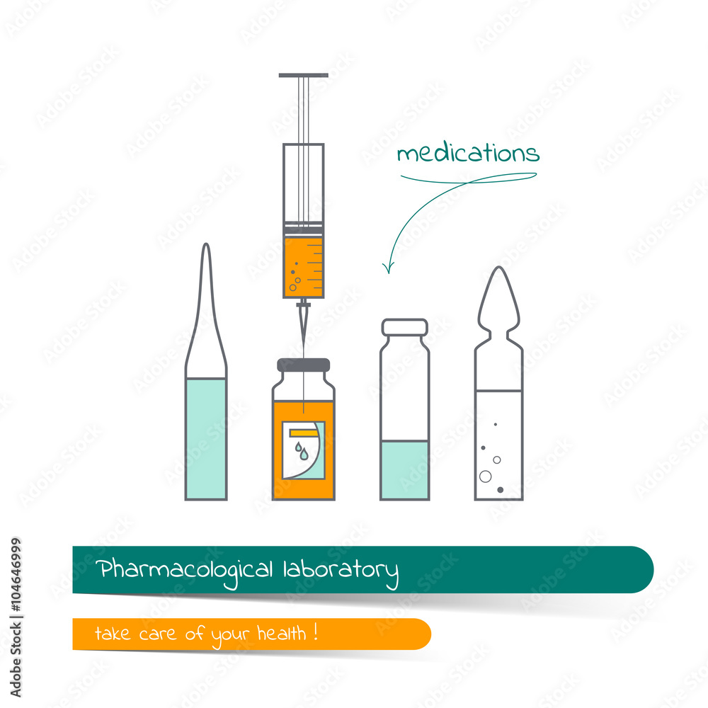 Flat line illustration of medical bottle and syringe. Card contains banner for text with a shadow and a hand-drawn arrow with the text.Vector illustration in outline style isolated on white background Flat line illustration of medical bottle and syringe. Card contains banner for text with a shadow and a hand-drawn arrow with the text.Vector illustration in outline style isolated on white background