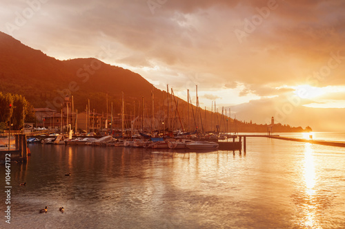 romantic sunrise on the bay on Lake Garda 