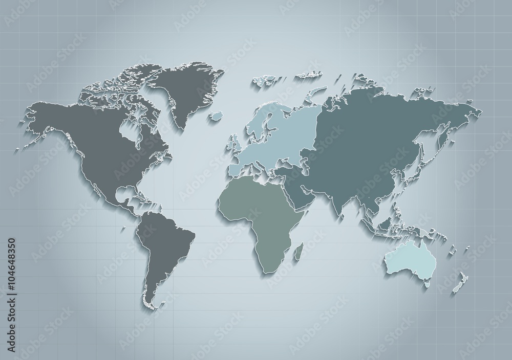 world map continents blue vector - Individual separate continents - Europe Asia Africa America Australia Oceania