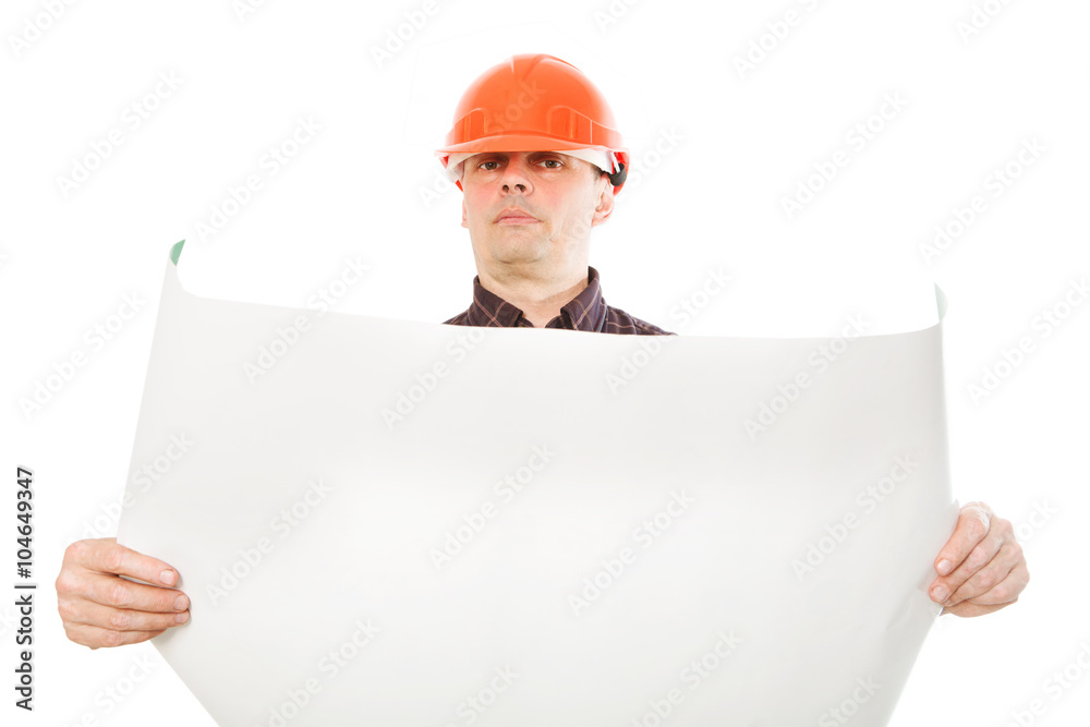 Portrait of construction builder isolated on white background.
Portrait of construction builder isolated on white background.
