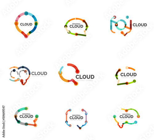 Set of flat linear design speech cloud logos. Talk bubbles, modern geometric industrial thin line icons