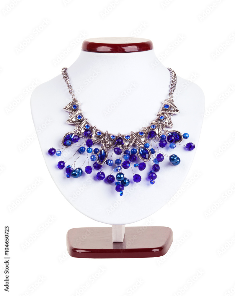 Blue fashion jewelry necklace on mannequin isolated on white background Stock Photo Adobe Stock