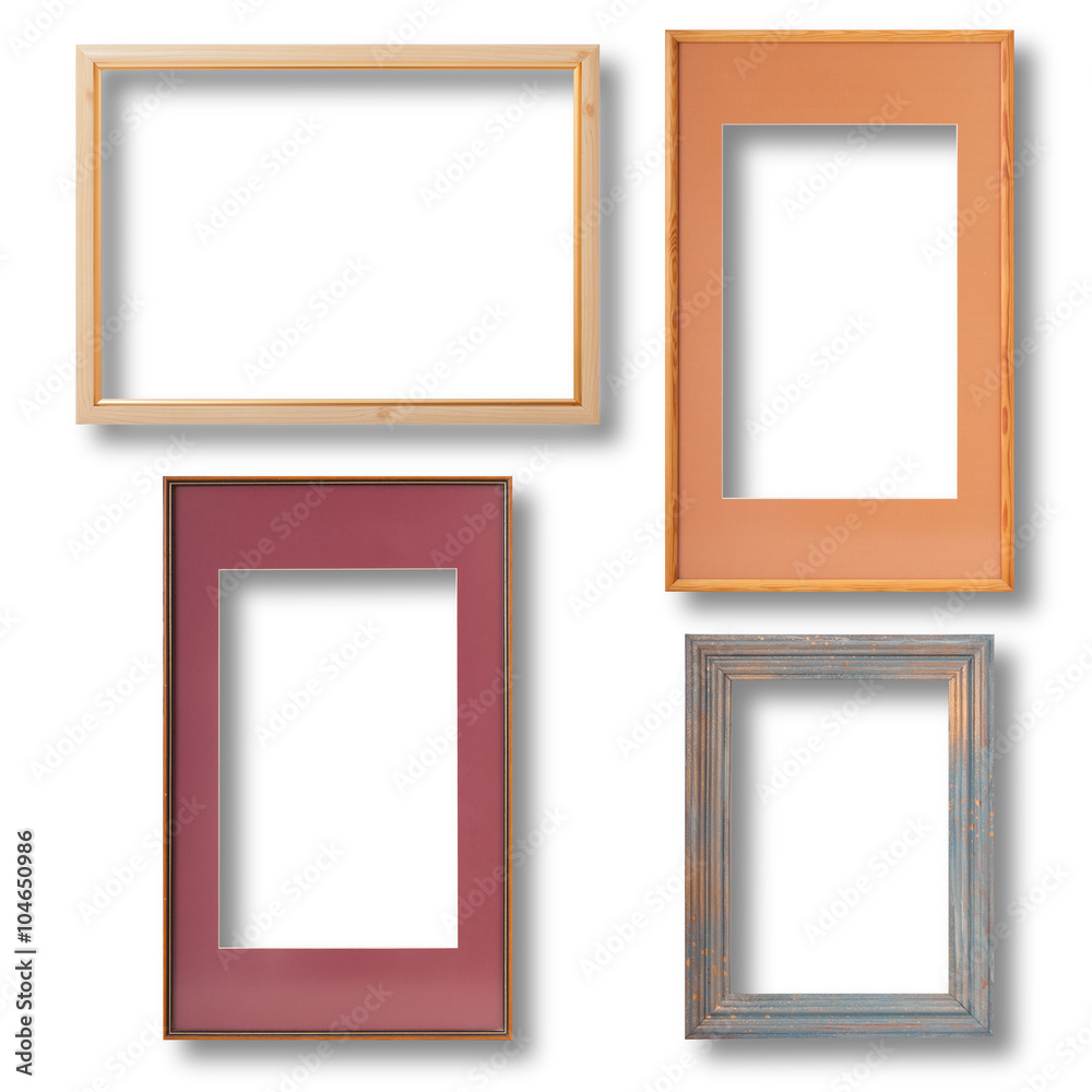 Vintage set of wooden frames with shadow on a white background closeup, mock up.