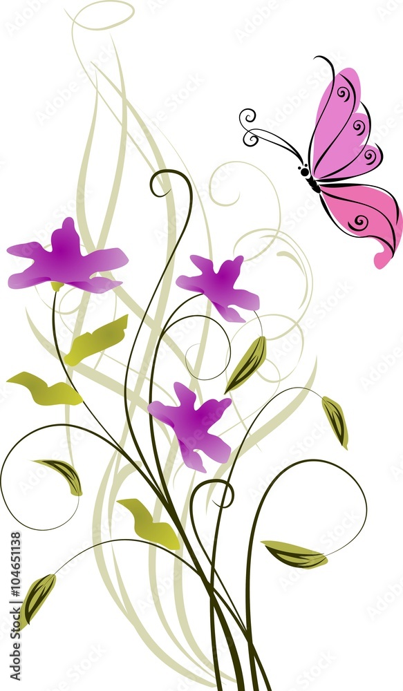 Greeting card vectorized. Floral background with violet blossom.