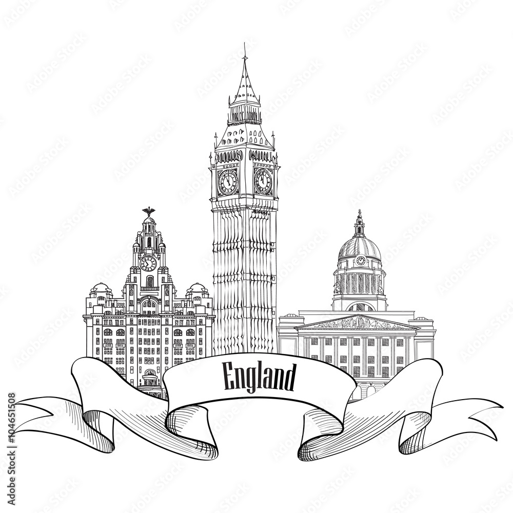 England label. Famous english city landmarks of London, Leeds, Liverpool Travel UK sign