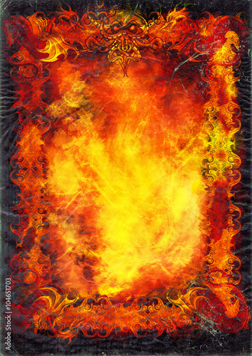 Dark fantasy books page. Illustration background like books sheet with old frame, fire, dragons, monster and grunge copy space