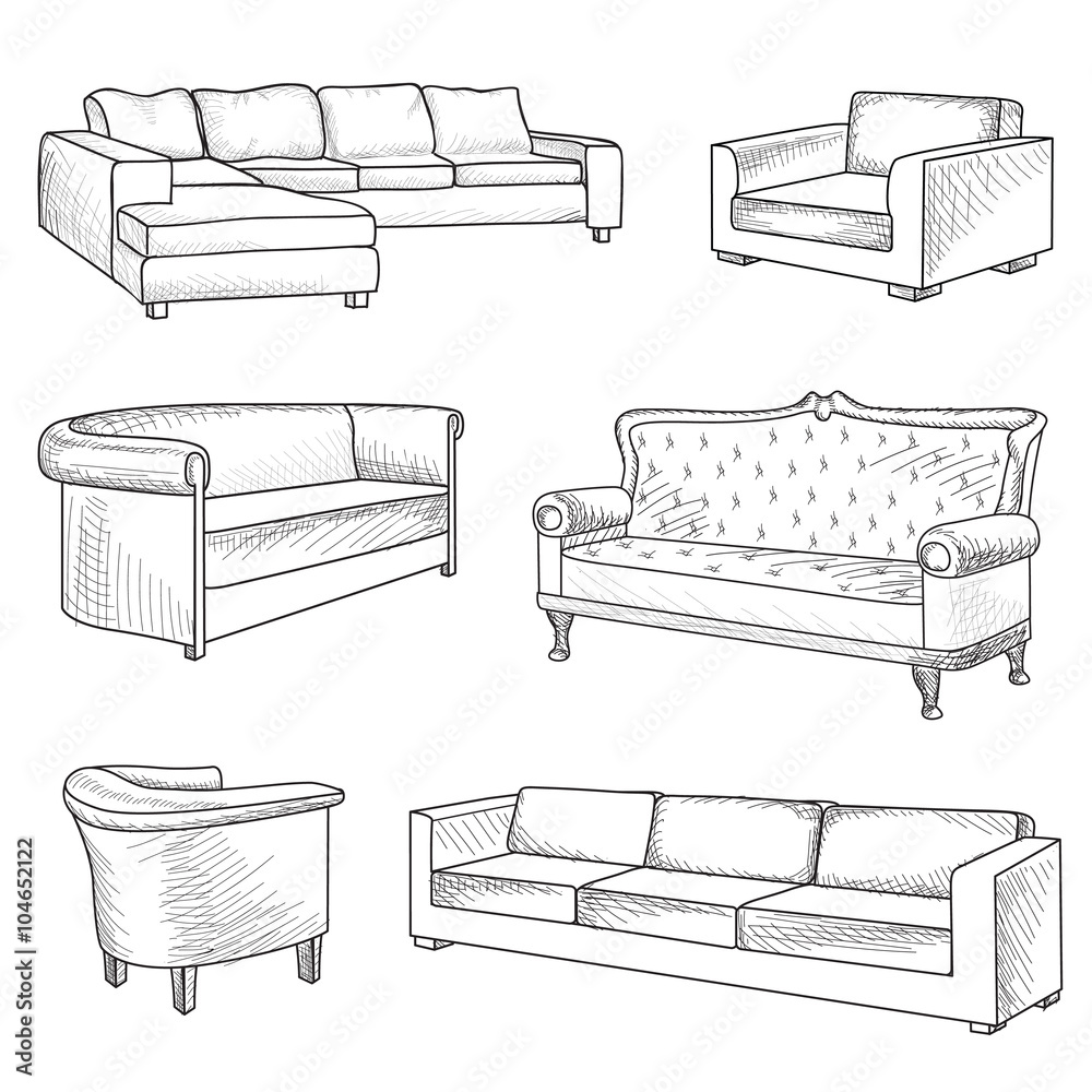 Furniture set. Interior detail outline sketch Interior detail sketch set.  Sofa, armchair, couch, divan, settee icon collection. Furniture symbols  Stock Illustration | Adobe Stock