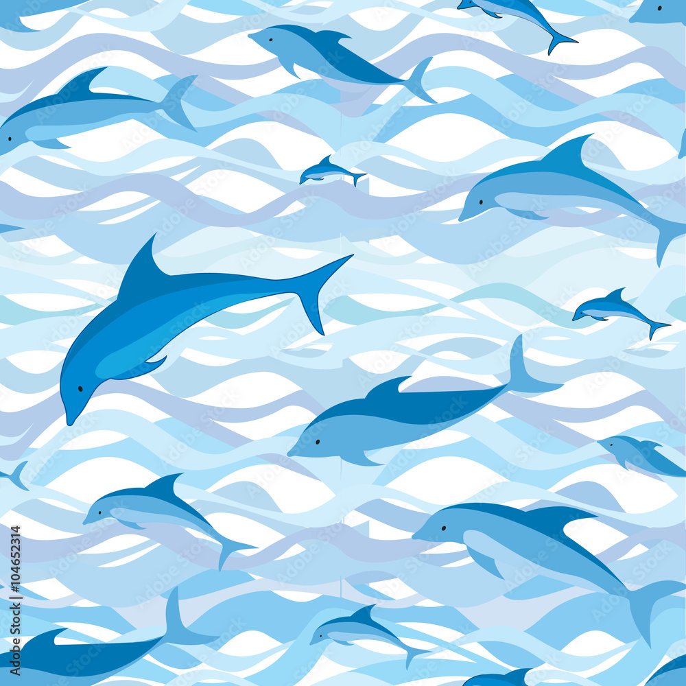 Dolphin seamless pattern. Sea waves and fish background. Dolphin seamless pattern. Sea waves and fish background.