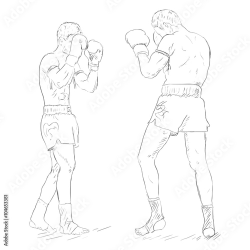 Vector Sketch Two Thai Boxers Fighting. Muay Thai.