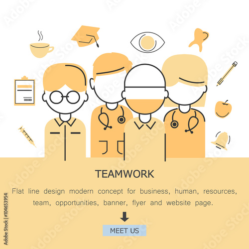 Teamwork-Flat Line Design Modern Concept For Medical And Health Care,Human Resources,Team,Work,Opportunities,Banner,Flyer And Website Page.Isolated On White Background.Team Workers And Entrepreneurs